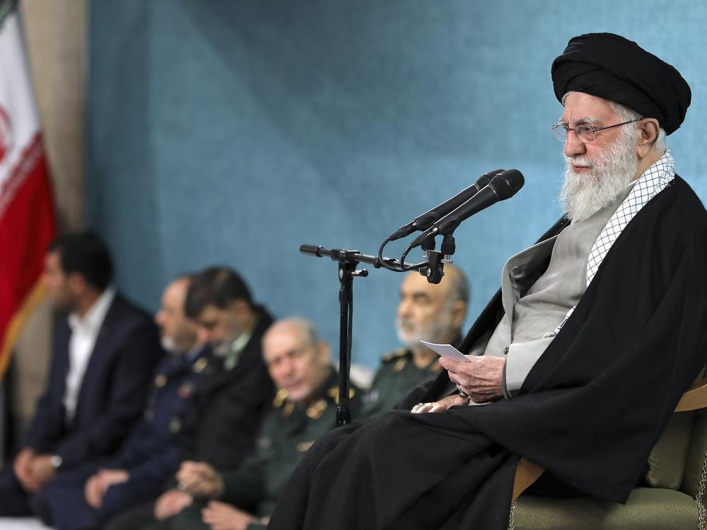 In this photo released by an official website of the office of the Iranian supreme leader, Supreme Leader Ayatollah Ali Khamenei speaks in a ceremony meeting a group of officials, in Tehran, Iran, Saturday, March 8, 2025. (Office of the Iranian Supreme Leader via AP)
