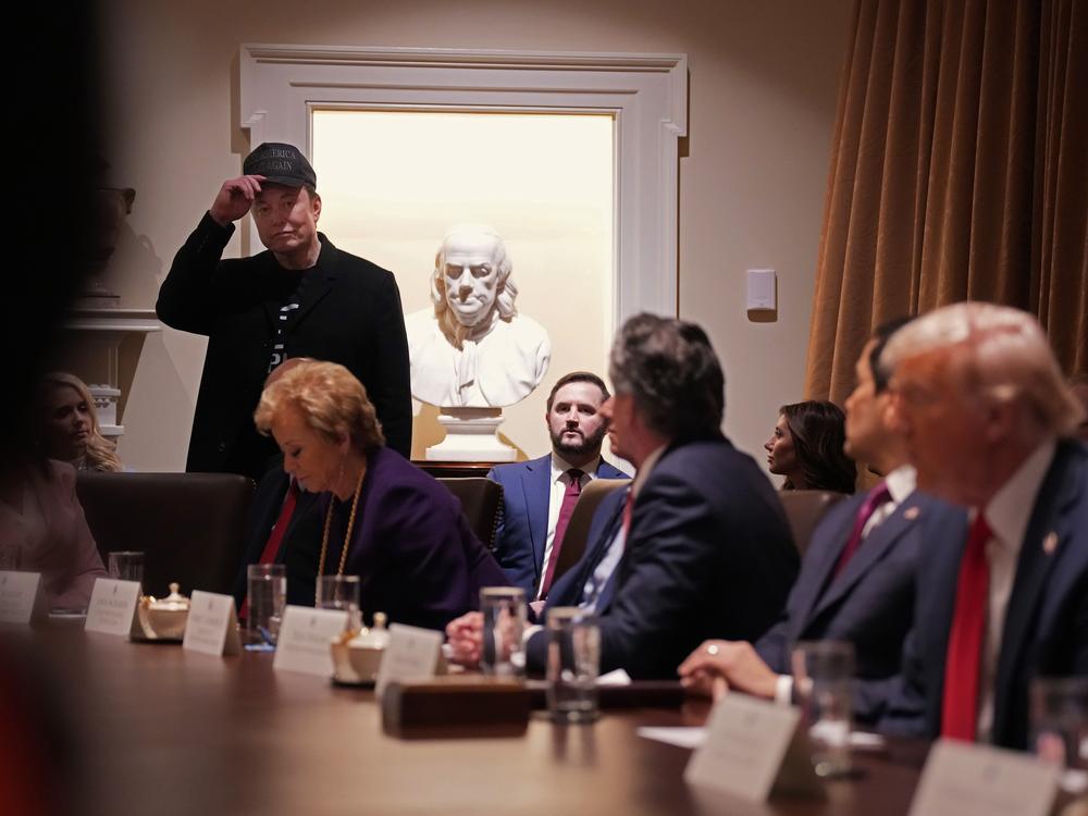 Elon Musk delivers remarks during a Cabinet meeting held by President Trump at the White House on Feb. 26.