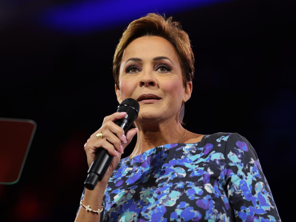 Kari Lake, U.S. President Donald Trump's choice to lead Voice of America, is shown speaking at the Conservative Political Action Conference (CPAC) at the Gaylord National Resort Hotel And Convention Center on Feb. 21, 2025 in Oxon Hill, Maryland.