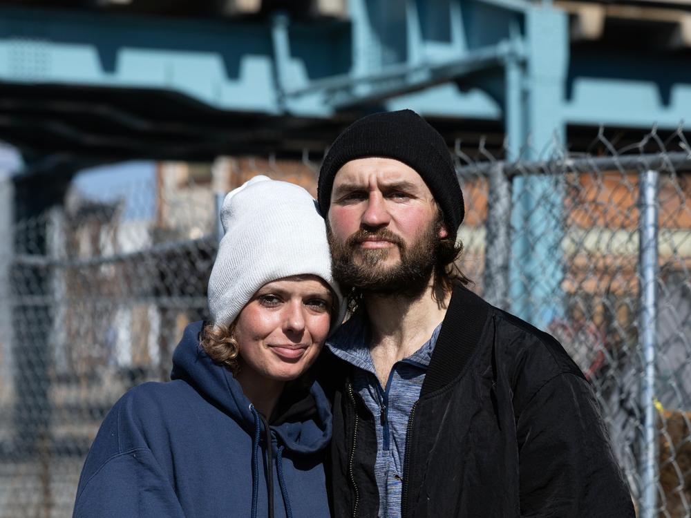 Elena (left) and Vadim live on the street in Kensington, a neighborhood of Philadelphia that has long struggled with fentanyl and other drug use.  Both told NPR they have survived their drug use, in part, due to naloxone, or Narcan, a medication that reverses opioid overdoses. NPR agreed not to use their last name because street drug use is illegal.