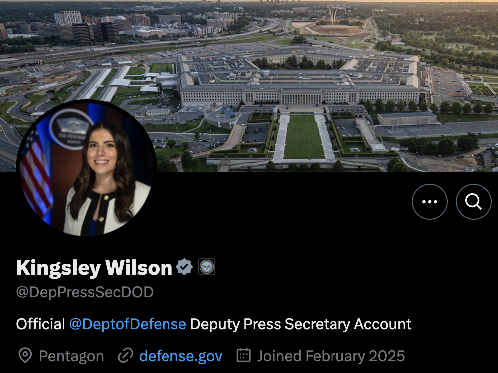 Department of Defense deputy press secretary Kingsley Wilson's account on X shows that she has thousands of followers.