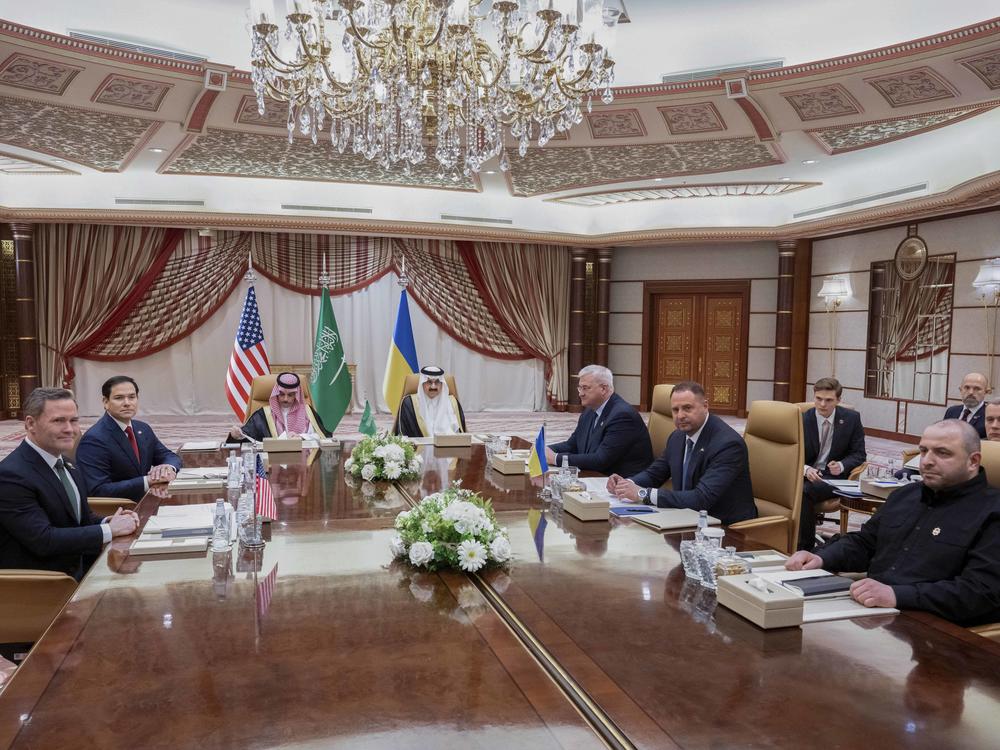 U.S. national security adviser Mike Waltz and Secretary of State Marco Rubio sit down with Saudi and Ukrainian officials in Jeddah, Saudi Arabia, Tuesday.