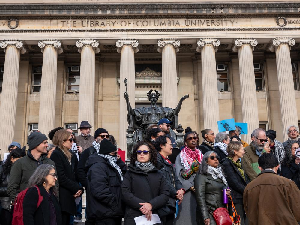 Columbia University faculty members hold a pro-Palestinian and pro-free speech rally on the Columbia University campus in 2023 in New York City.