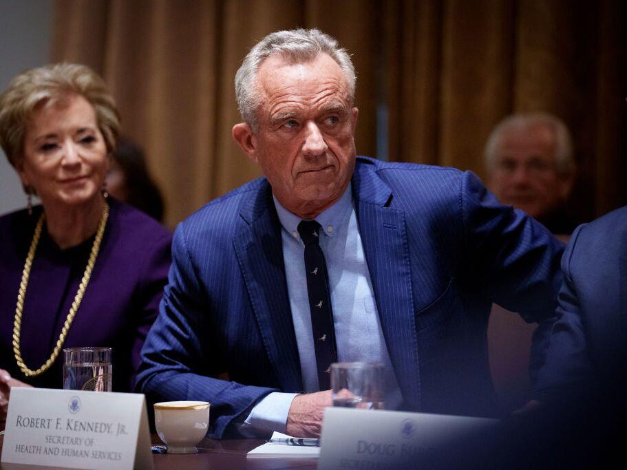 Education Secretary nominee Linda McMahon (L), and U.S. Health and Human Services Secretary Robert F. Kennedy Jr., (C) appear during a Cabinet meeting at the White House on February 26, 2025 in Washington, DC.