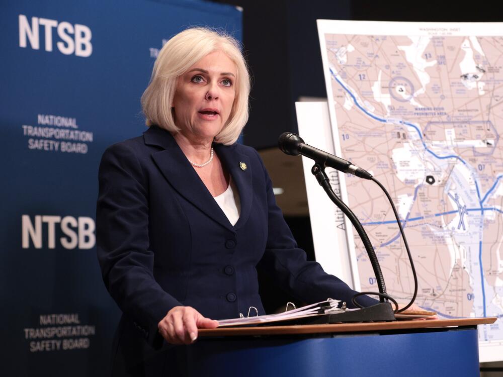The chair of the National Transportation Safety Board, Jennifer Homendy, speaks during a news conference at the headquarters of NTSB on Tuesday in Washington, DC. The NTSB released a report urging the FAA to take immediate action on the safety recommendations concerning the potential for midair collisions near Ronald Reagan Washington National Airport.