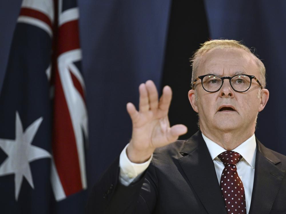 Australian Prime Minister Anthony Albanese gestures during a press conference in Sydney, on Wednesday, March 12, 2025.