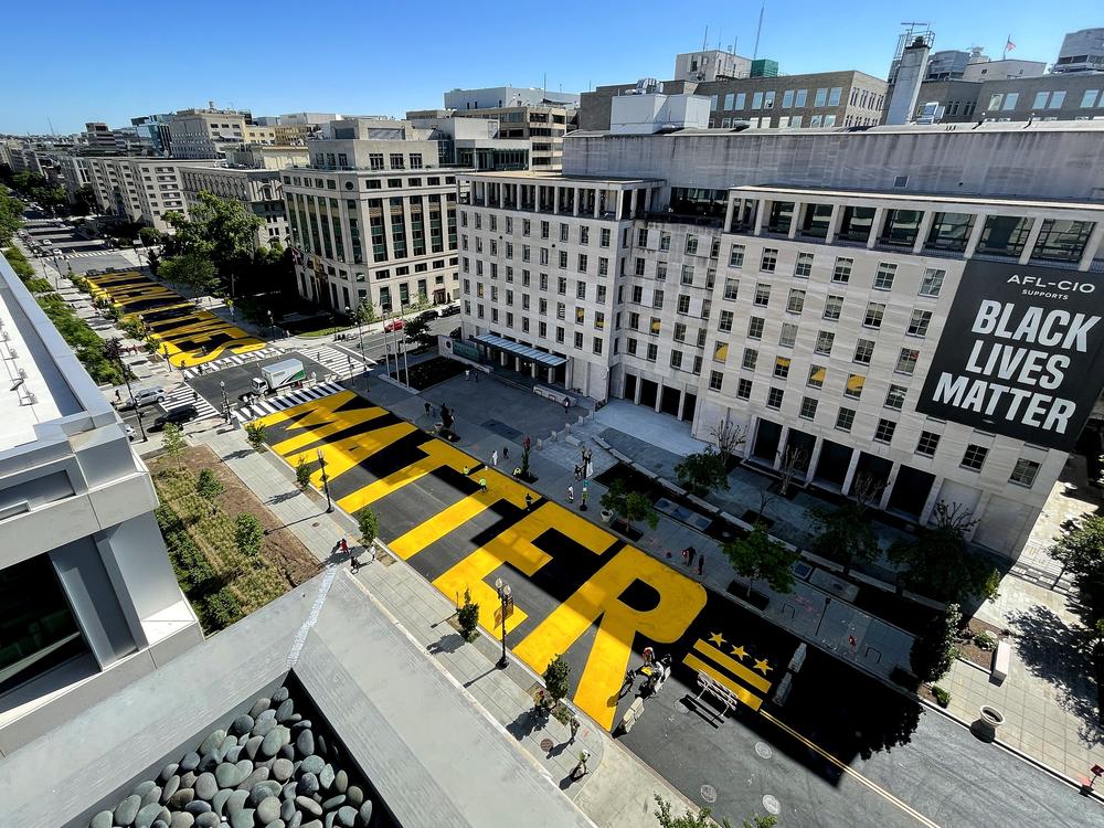 Black Lives Matter Plaza on 16th Street Washington, D.C., is repainted following the removal of the lettering for a construction project on May 13, 2021.