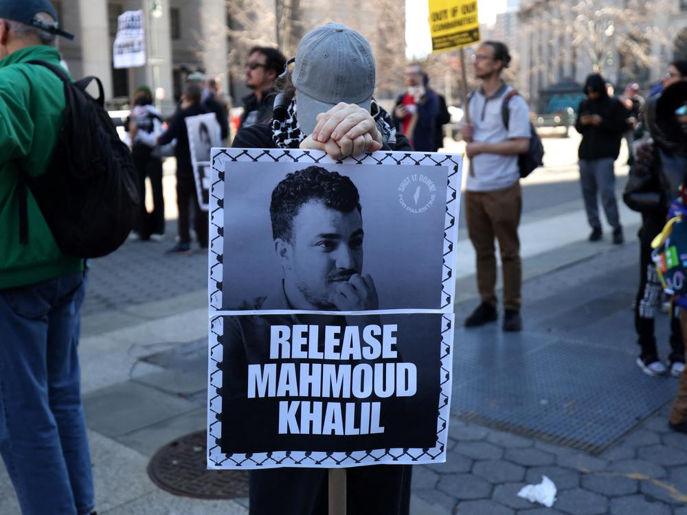 Pro-Palestinian protestors demonstrate in Lower Manhattan on Monday, after immigration officers arrested a leader of the protests at Columbia University against Israel's war against Hamas in Gaza. Mahmoud Khalil, one of the most prominent faces of the university's protest movement, was arrested on March 9.