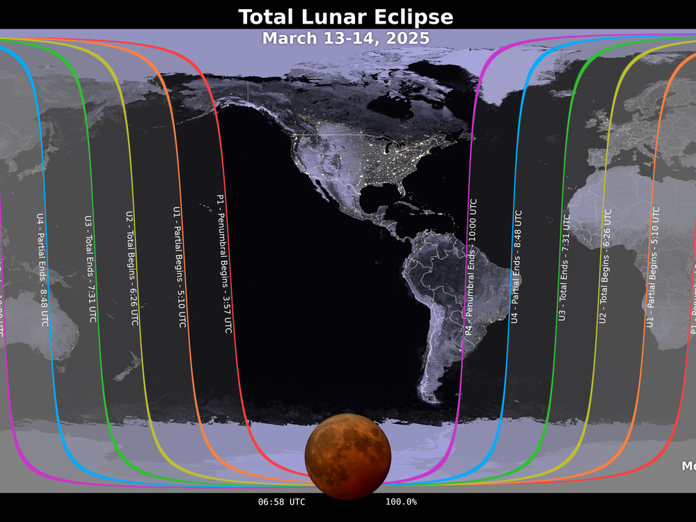 A map created by NASA shows where on Earth this week's total lunar eclipse will be visible.