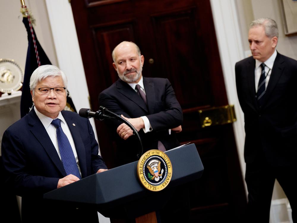 C.C. Wei, the CEO of Taiwan Semiconductor Manufacturing Company (TSMC), is shown at left and accompanied by U.S. Commerce Secretary Howard Lutnick and David Sacks, U.S. President Trump's AI and crypto czar, at the White House on March 3. Trump announced that Taiwan Semiconductor Manufacturing Company, one of the largest manufacturers of semiconductor chips, plans to invest $100 billion in new manufacturing facilities in the United States.