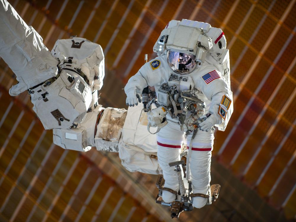 Suni Williams rides the space station's robotic Canadarm2 during a space walk on January 30, 2025. Williams has been commander of the station during much of her stay.