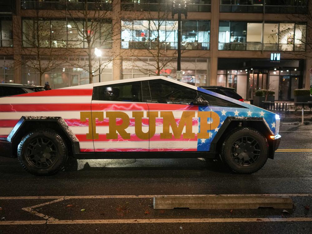 A Tesla Cybertruck emblazoned with 