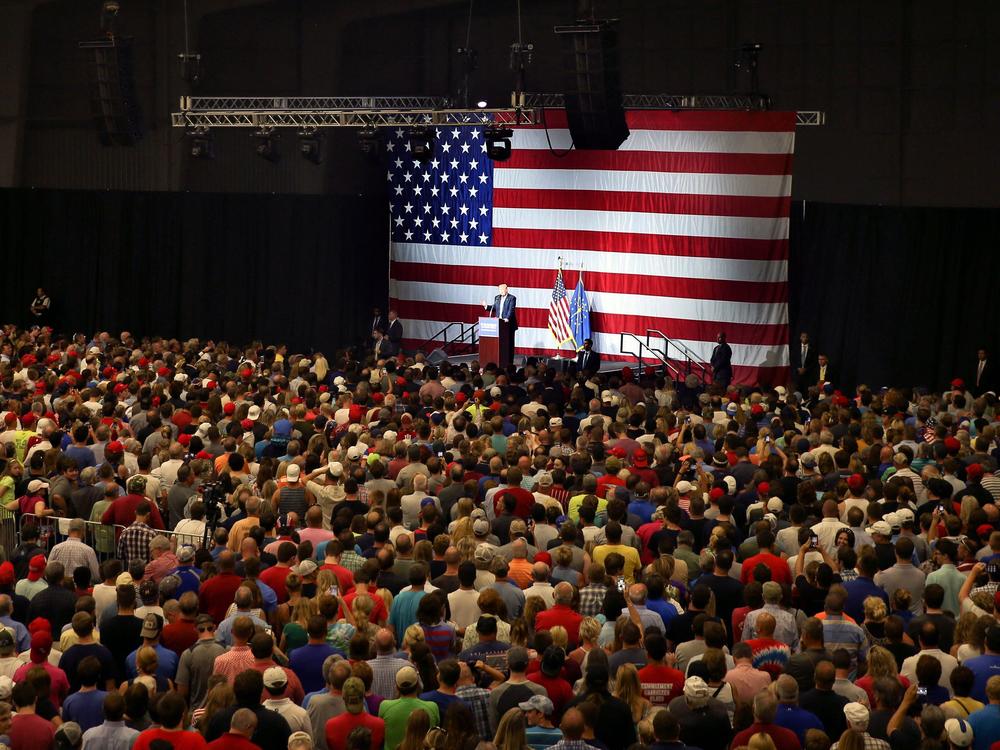 In 2016, Donald Trump, as the then-presumptive Republican nominee for U.S. president, addresses a campaign rally at the Grand Park Events Center in Westfield, Ind., where Trump's current federal hiring freeze has forced a special local census to be put on hold.
