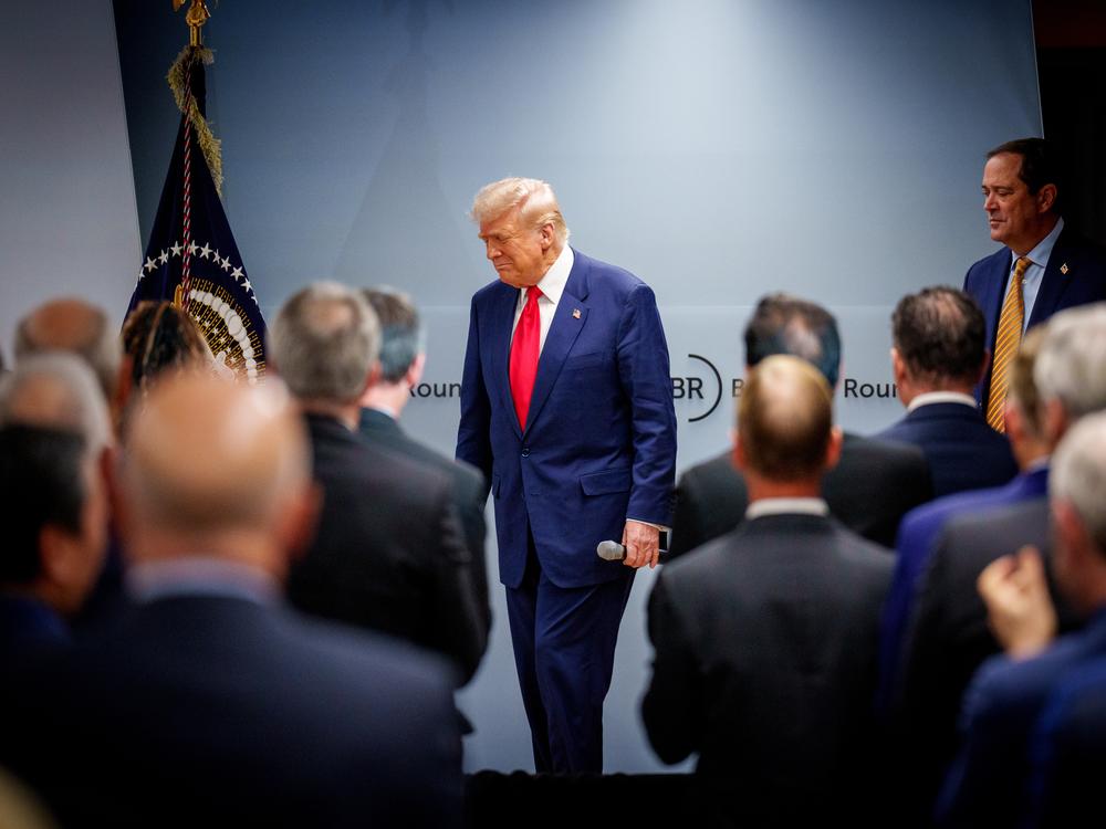 President Trump arrives at the Business Roundtable's quarterly meeting on March 11, to address a group of CEOs amid an ongoing market selloff sparked by his new tariffs.