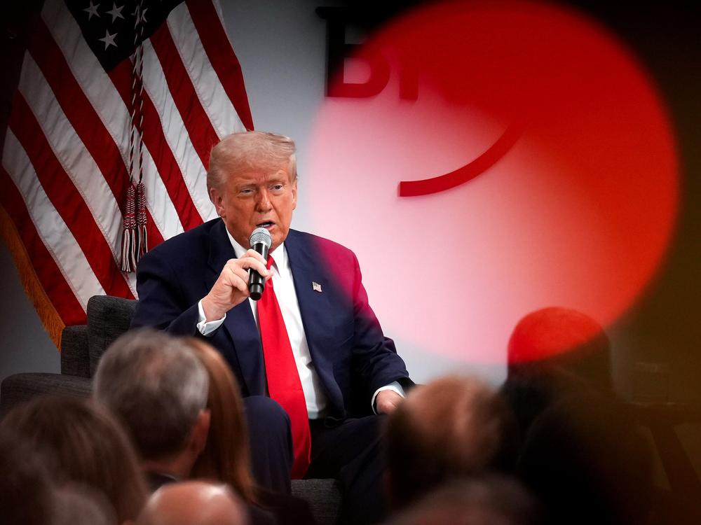 President Trump delivers remarks at the Business Roundtable's quarterly meeting at the Business Roundtable headquarters on Tuesday in Washington, DC. Trump addressed the group of CEO's as his recent tariff implementations have sparked uncertainty that have helped fuel a market sell-off.