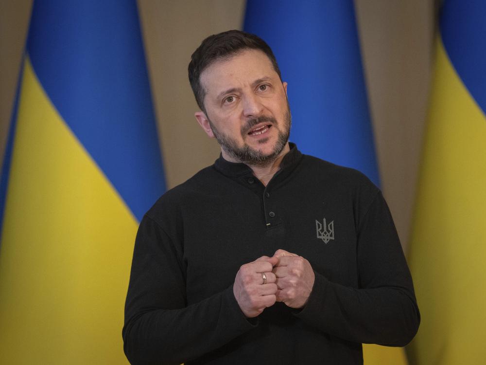 Ukrainian President Volodymyr Zelenskyy speaks during the briefing in Kyiv, Ukraine, Wednesday.