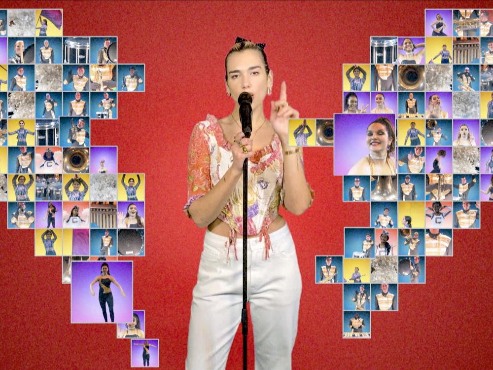 Dua Lipa performs alongside images of graduates in a screengrab of an image from a May 16, 2020 live streamed event celebrating the high school class of 2020.