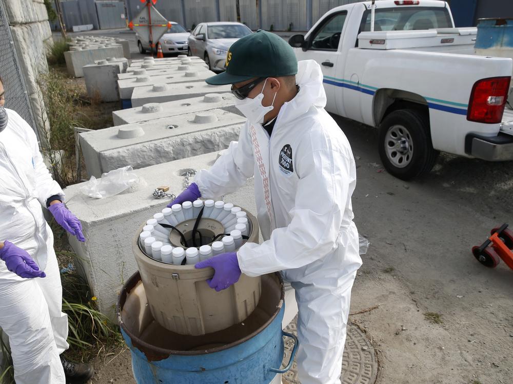 Wastewater sampling plays an increasing role in identifying disease outbreaks. Above: Inspectors in Oakland, Calif., collect samples to send to labs that will try to detect the SARS-CoV-2 virus.
