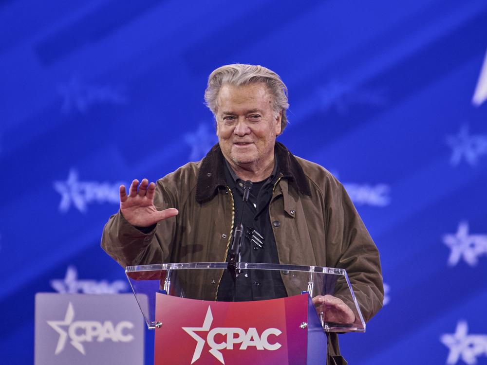Former Trump advisor Steve Bannon, speaks at the Conservative Political Action Conference in Oxon Hill, MD on on Feb. 20, 2025. Bannon delivered the same straight-arm salute that Musk had the month before.