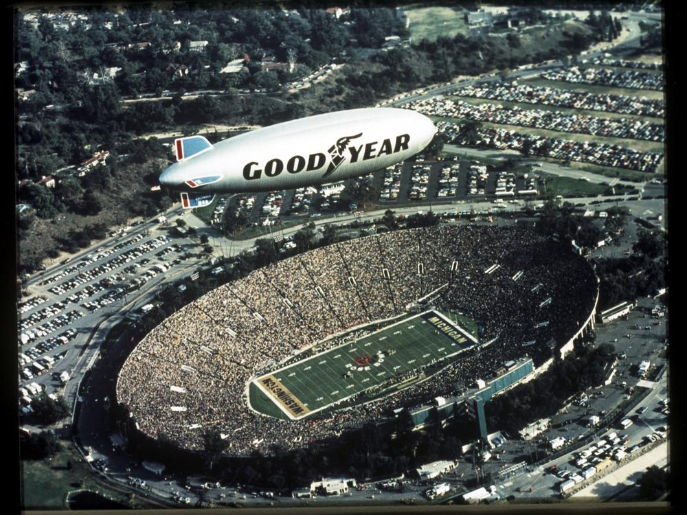 Starting in the mid-1950s, the Goodyear blimp provided a vehicle for the live TV coverage of sports events, such as the annual Rose Bowl game in Pasadena, Calif. pictured here in 1978.
