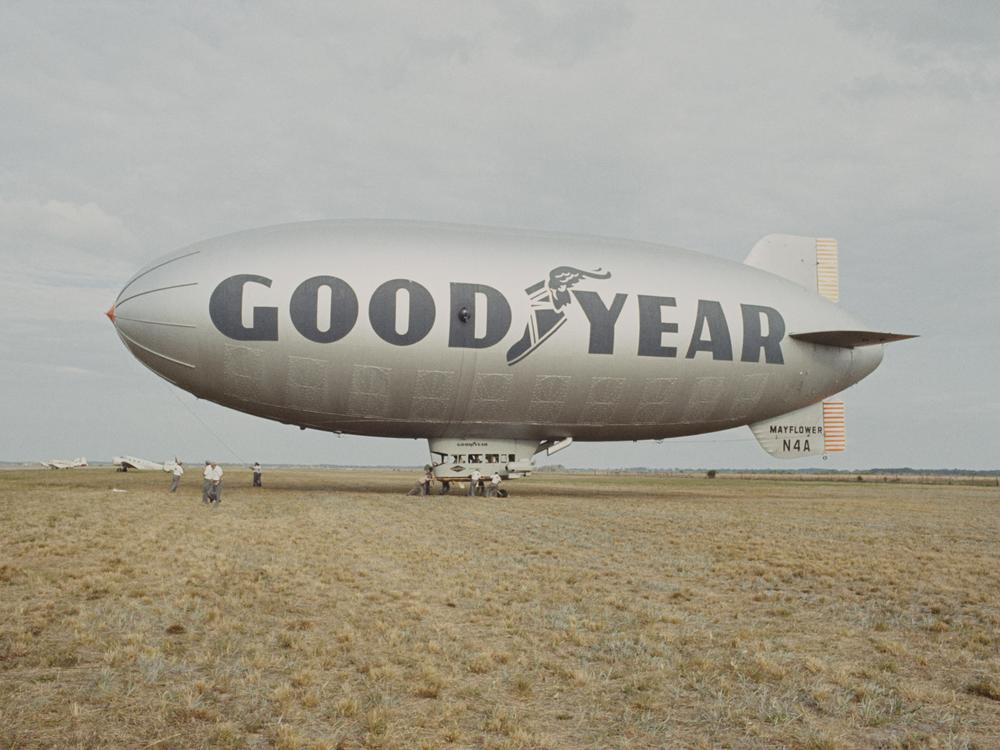 A Goodyear Blimp, circa 1960. The airships have acted as massive, floating billboards for Goodyear tires since 1925.
