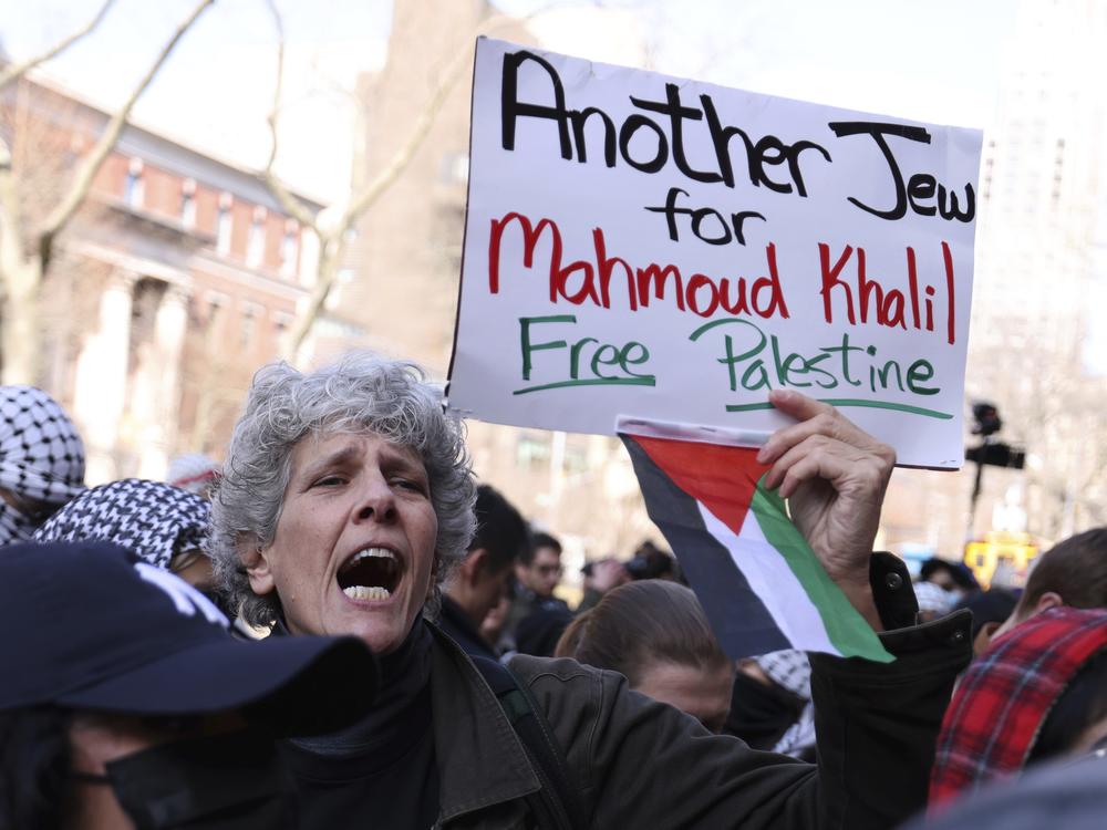 Protesters rally in support of detained Palestinian activist Mahmoud Khalil outside Columbia University in New York on Friday, March 14, 2025.