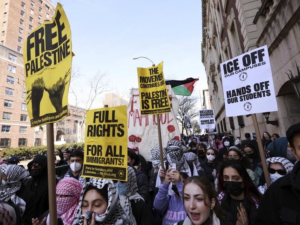 Protesters rally in support of detained Palestinian activist Mahmoud Khalil outside Columbia University in New York on Friday, March 14, 2025.