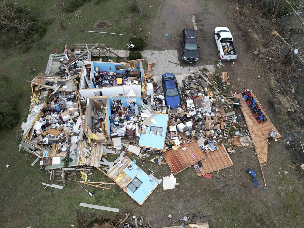 Destruction from a severe storm is seen on Saturday, March 15, 2025, in Wayne County, Mo.