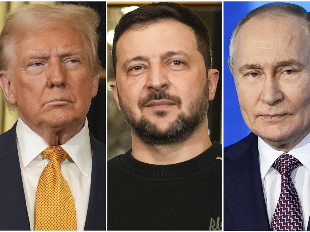 President Trump, Ukrainian President Volodymyr Zelenskyy and Russian President Vladimir Putin seen in a composite of photos.