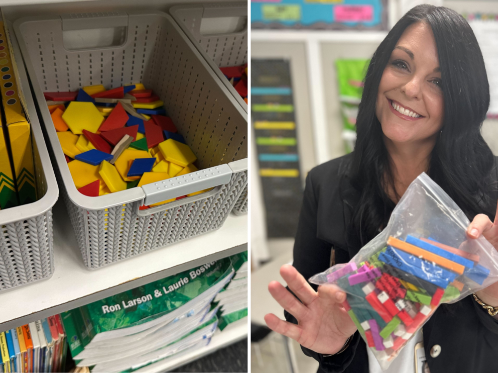 (Left) Most of DeKalb's early-grade classrooms have bins like these, full of math manipulatives that help students experience math concepts more concretely. (Right) Julie West with her favorite math manipulative: Cuisenaire Rods.