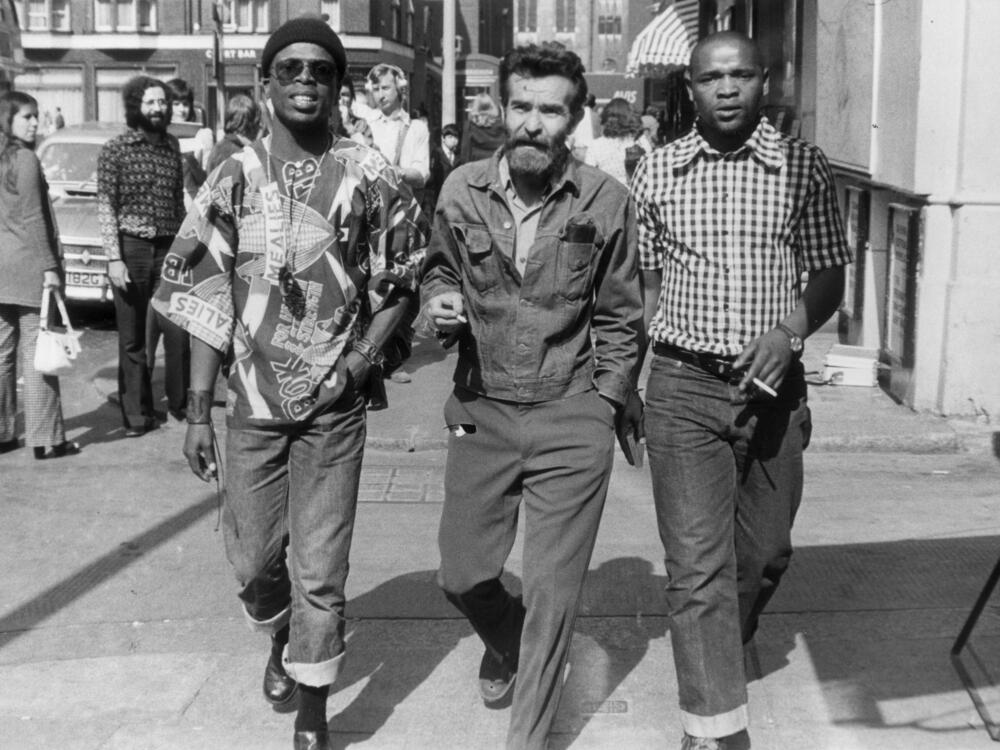 John Kani, left, director Athol Fugard and Winston Ntshona walking past the Royal Court Theatre in London in 1973.