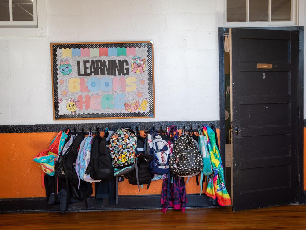 Backpacks lined up at Henagar Junior High School.