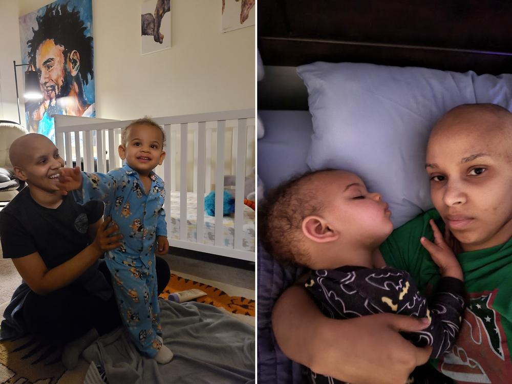 Left: Morris tried to maintain fun bedtime rituals with Brandon (BJ for short) while undergoing chemotherapy treatments for her cancer. 