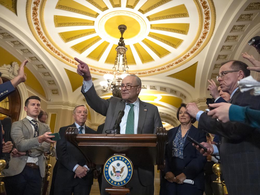 Sen. Charles Schumer, D-N.Y., speaks to reporters after a Senate policy luncheon on Capitol Hill, Tuesday, March 11, 2025, in Washington.