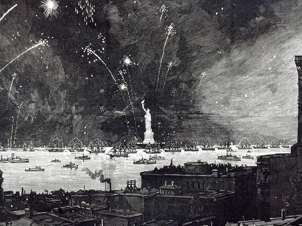 An engraving depicting the fireworks display at the inauguration of the Statue of Liberty in 1886.