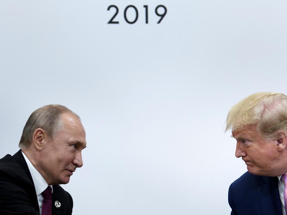 President Trump meets with Russian President Vladimir Putin during the G20 summit in Osaka, Japan, on June 28, 2019. The two men spoke Tuesday on matters including a ceasefire in the Ukraine war.