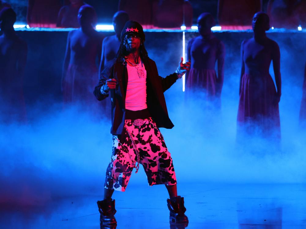 Playboi Carti onstage in February, performing with The Weeknd during the 67th Grammy Awards. The rapper's long-delayed third studio album is titled, simply, <em>Music</em>.