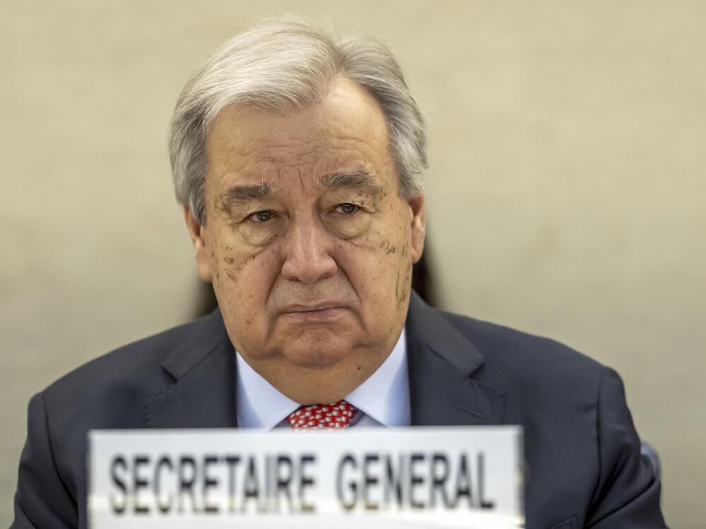 U.N. Secretary-General Antonio Guterres attends the High-Level Segment of the 58th session of the Human Rights Council at the European headquarters of the United Nations in Geneva, Switzerland on Monday, Feb. 24, 2025.