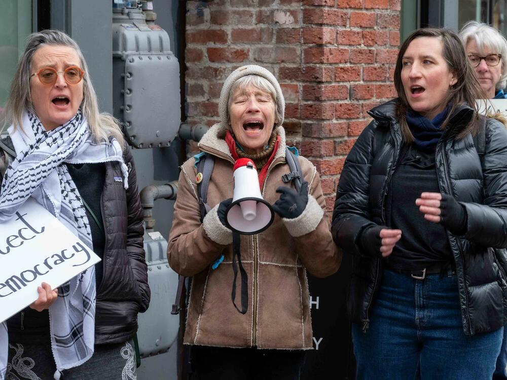 Valerie Costa, on the right, joins other Tesla Takedown protesters demonstrating at a carmaker facility in the Seattle area in early March.
