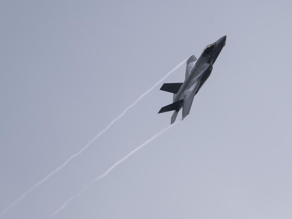 A U.S. Air Force F-35 Lightning II multi-role combat airplane flies over Ramstein Air Base during a day of fighter plane exercises on June 6, 2024, in Ramstein-Miesenbach, Germany.