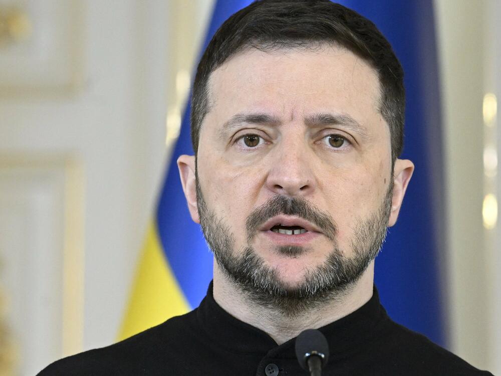 Ukrainian President Volodymyr Zelenskyy speaks during a  joint press conference with the Finnish president at the Presidential Palace in Helsinki on Wednesday. Ukraine's President Zelensky and First Lady Zelenska are on an official visit to Finland.