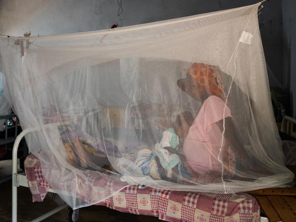 A pregnant woman brought her child to a health clinic in Farchana, Chad. They are sitting under a mosquito net.