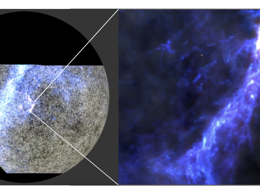 A new half-sky image from the Atacama Cosmology Telescope combines three wavelengths of light to show the Milky Way galaxy in purple and the cosmic microwave background in gray. On the right, the image is zoomed in to show the Orion Nebula.