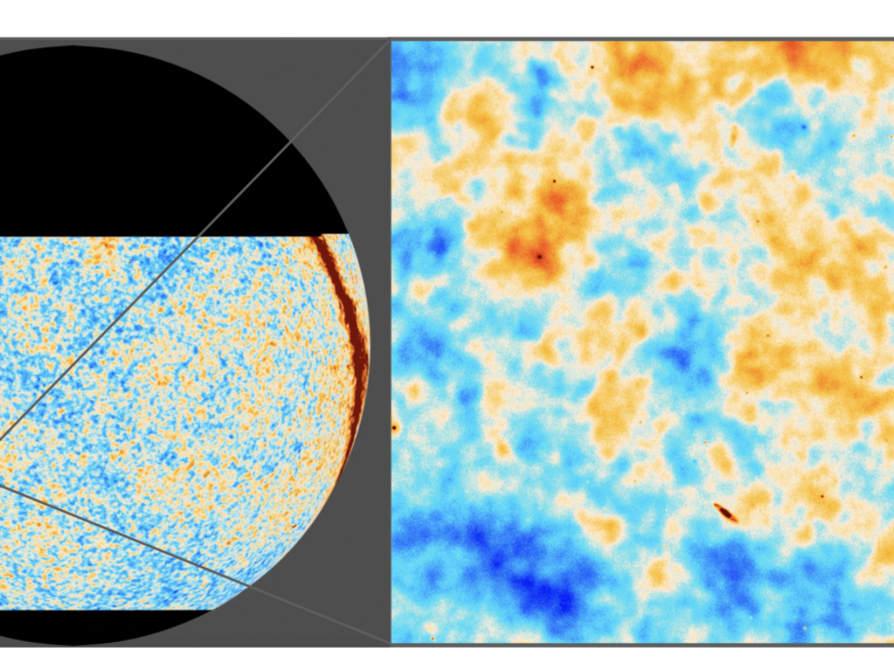 In this image, which adds high-definition data from the Atacama Cosmology Telescope to an earlier image from the European Space Agency's Planck space telescope, blue and orange shapes show the contrast between more and less radiation in the cosmic microwave background.