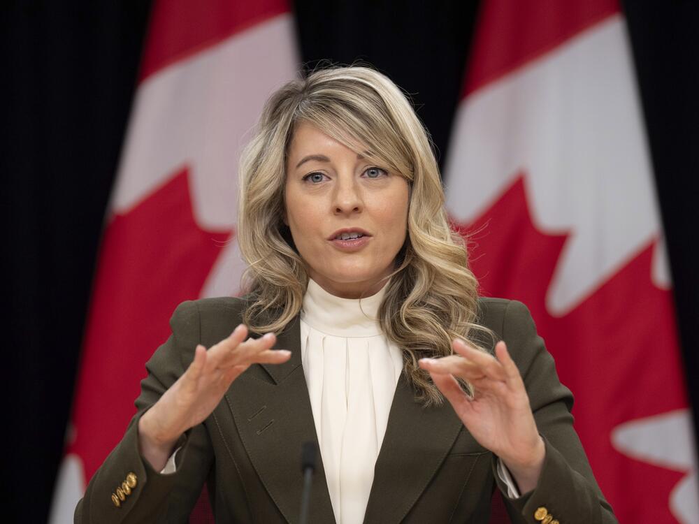 Canada Foreign Affairs Minister Melanie Joly responds to a question during a news conference on tariffs, Wednesday, March 12, 2025, in Ottawa.