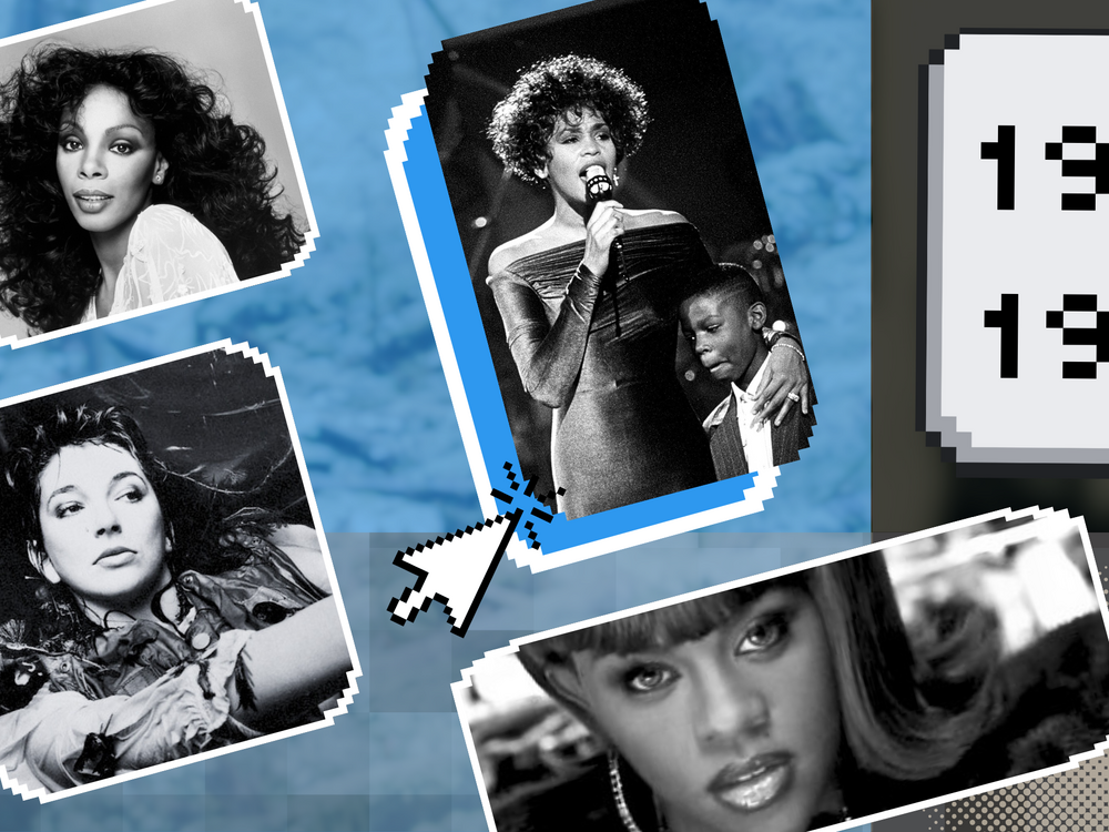 Clockwise, from top left: Donna Summer and Whitney Houston (courtesy of Wikimedia Commons), Lil' Kim and Kate Bush