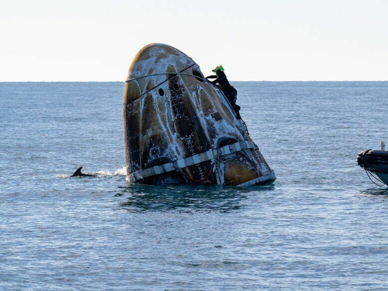In this handout image provided by NASA, support teams work on the SpaceX Dragon spacecraft shortly after it landed with NASA astronauts Nick Hague, Suni Williams and Butch Wilmore, and Roscosmos cosmonaut Aleksandr Gorbunov onboard on March 18, 2025, off the coast of Florida.
