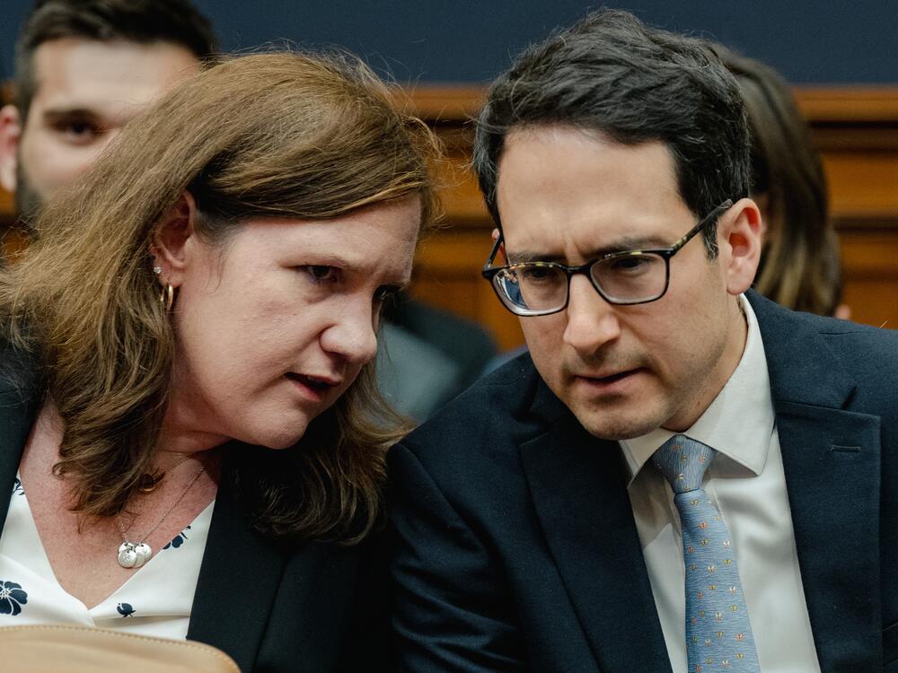 Federal Trade Commission Commissioners Rebecca Kelly Slaughter (left) chats with Alvaro Bedoya before former FTC Chair Lina Khan testifies during a House Judiciary Committee hearing in the Rayburn House Office Building on Capitol Hill in Washington, DC on July 13, 2023.