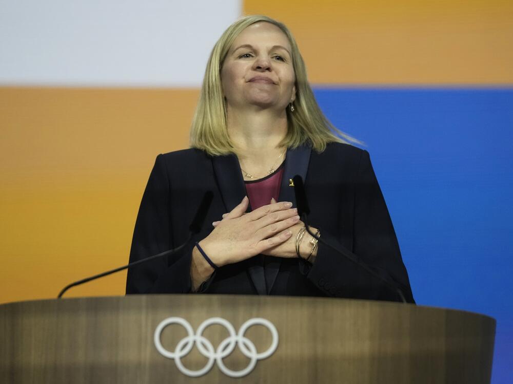 Kirsty Coventry reacts after she was announced as the new IOC President at the International Olympic Committee 144th session in Costa Navarino, western Greece, Thursday, March 20, 2025.