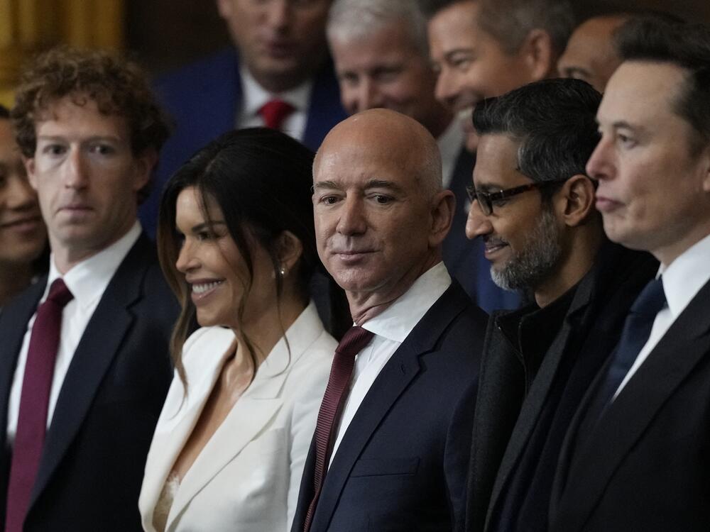 Guests including Meta CEO Mark Zuckerberg, Amazon founder Jeff Bezos, Google CEO Sundar Pichai and Elon Musk attend President Trump's inauguration in the rotunda of the U.S. Capitol on Jan. 20.